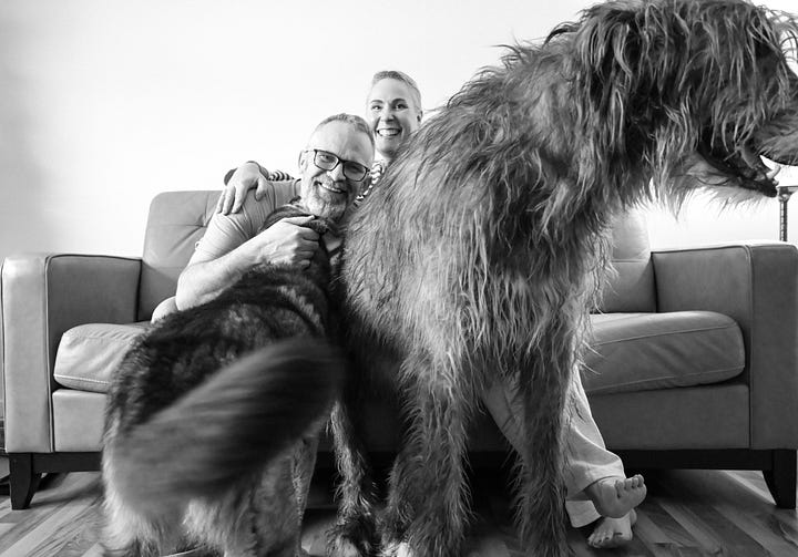 Husband Brad and I create some New years chaos and photos with the dogs in our living room.