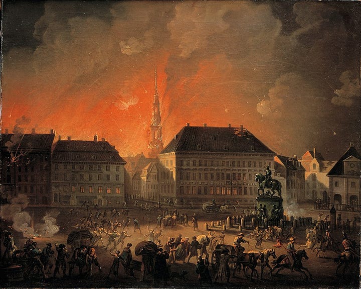 Left: View of Kongens Nytorv in Copenhagen During the English Bombardment of Copenhagen at Night between 4 and 5 September 1807 and Right: Depiction of the British capture of Martinique which took place in 1809