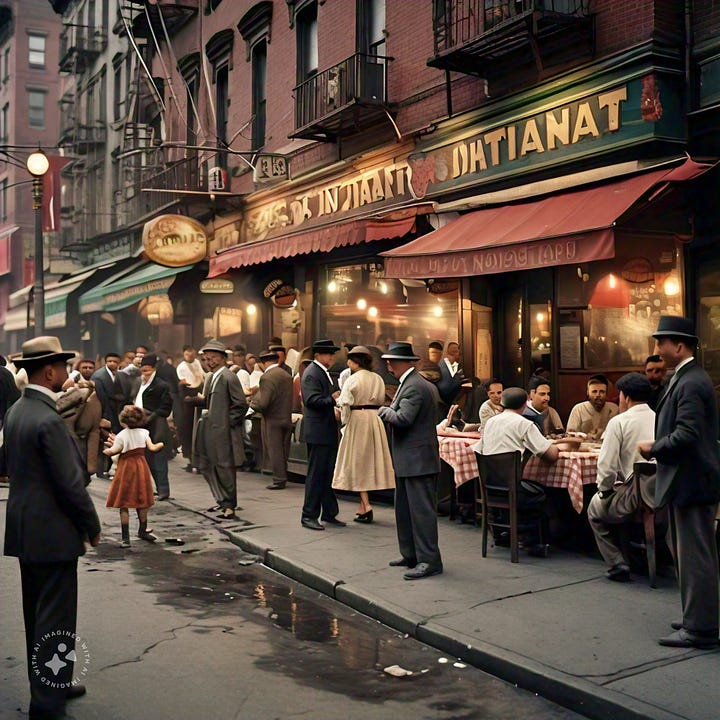 A photograph of Little Italy in New York City from 1900 and a low quality image of the same thing generated by Meta AI.