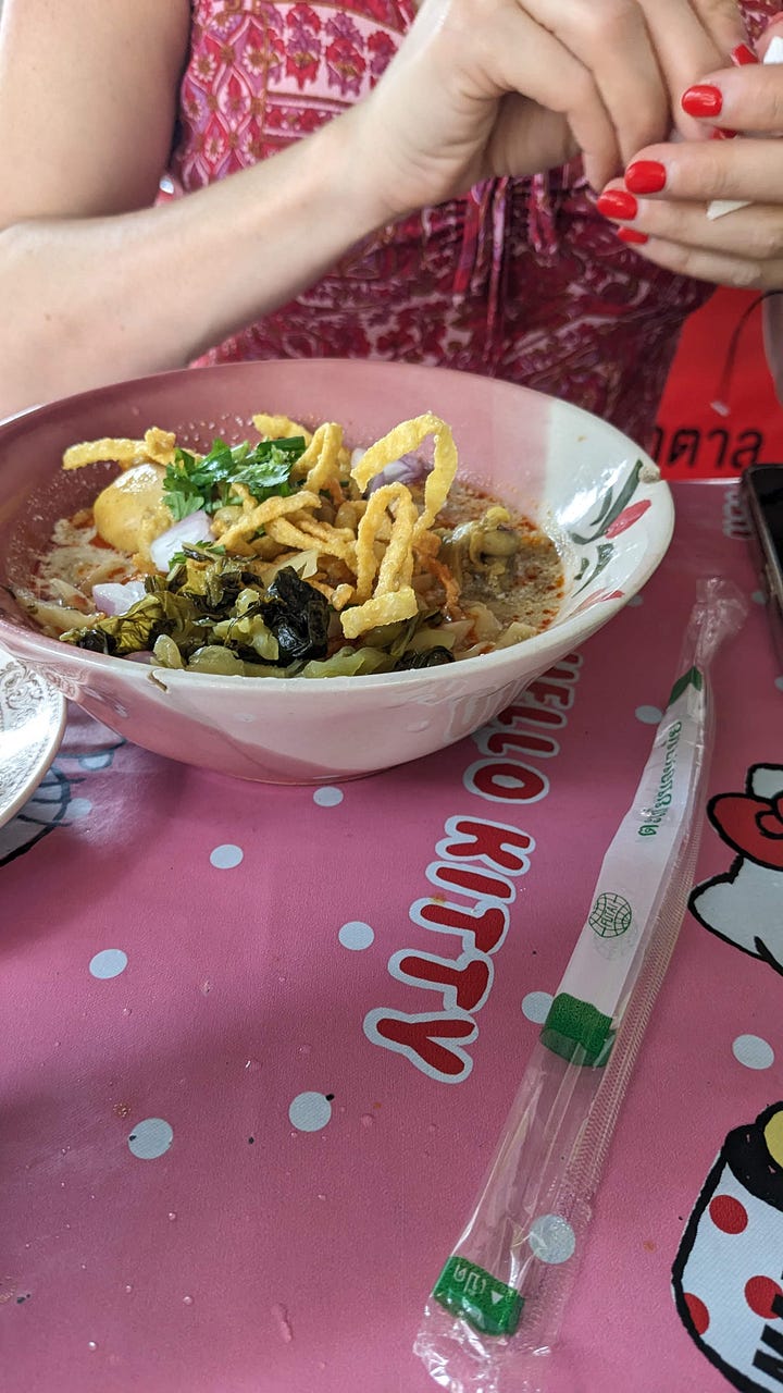 [clockwise from L to R] 1) the cold yet tasty bowl at Ming Kwan - Suthep 2) lovely bowl at Garden to Table, where my sister proclaimed her beef KS the "best yet" 3) Ming Kwan - Old City, a habit 4) my sister's bowl at Khao Soi Manee 2 (I think)