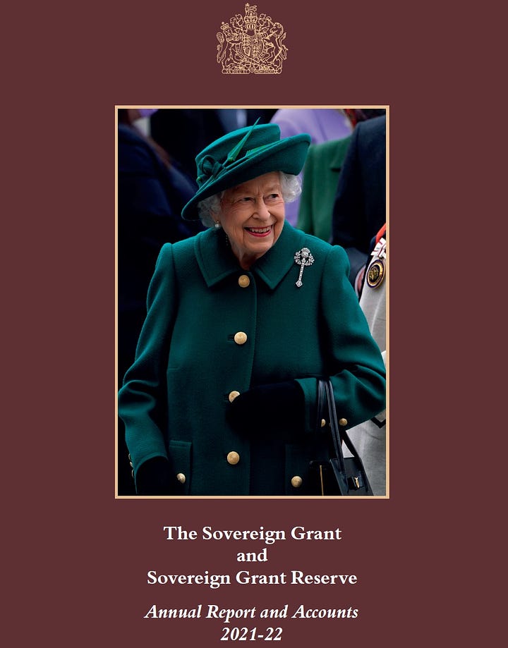 Sovereign grant report covers showing King Charles and Queen Camilla and the late Queen Elizabeth II