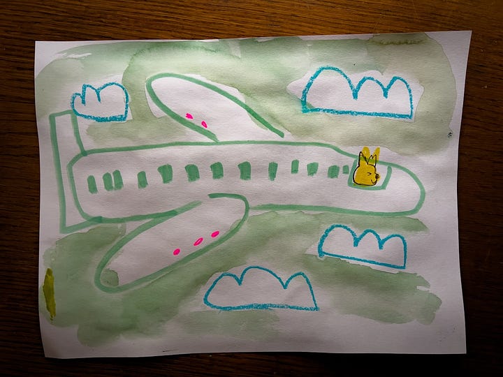 painting of a cat on a skateboard and dog on a plane by Beth Spencer