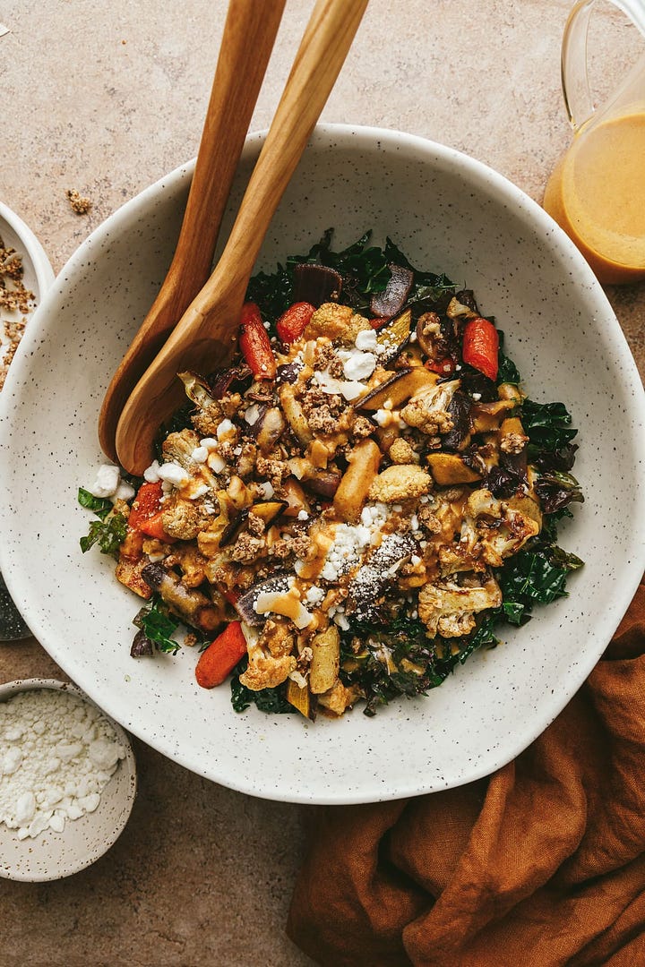 Fall Kale Salad and Pomegranate Feta Salad with Roasted Broccolini.