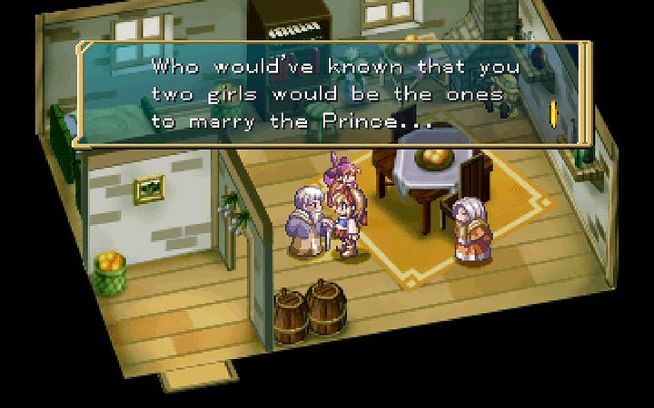 A pair of screenshots from a conversation with an elderly man NPC in Rhapsody. In the first, he says "Who wouldn't known that you two girls would be the ones to marry the Prince..." and in the second, "Considering Etoile is such a snob and you're just kinda blah...."