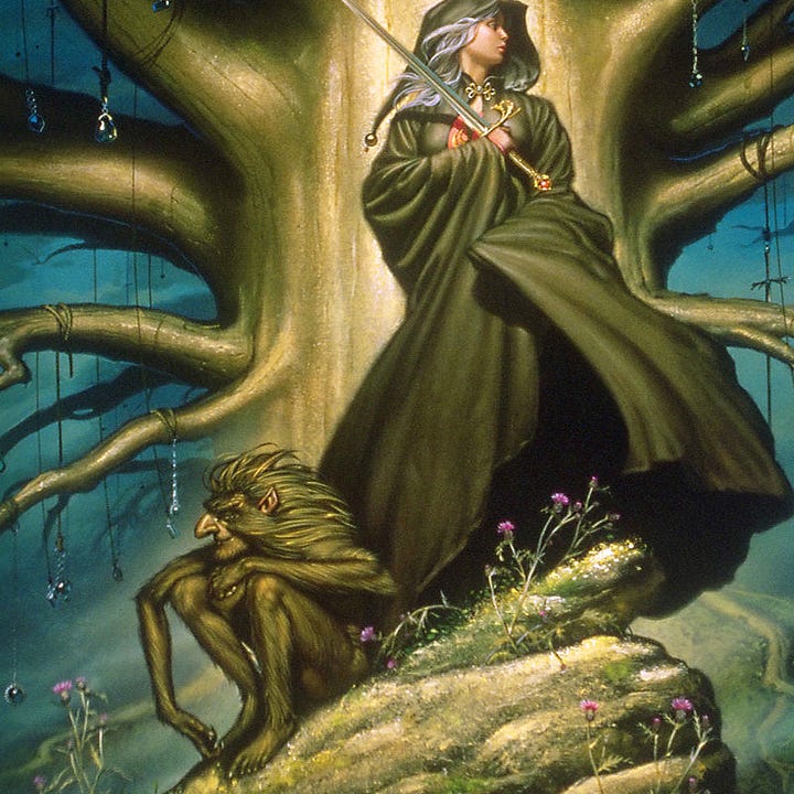 LEFT: Detail from THE TREE OF SWORDS AND JEWELS featuring an olive cloaked figure with white hair standing in profile against a golden tree of wide girth. On the rock to her left sits a shaggy brown creature of fae. On the right, beyond the swords and jewels dangling from the tree, a silhouette with glowing eyes and wild hair approaches. RIGHT: Close detail from THE TREE OF SWORDS AND JEWELS featuring the gruagach, a shaggy brown creature of fae. He sits on a rock with its large wedge of a nose pointing off panel left and a mischievous expression lost in thoughts that please it. A pointed ear pokes out of its fur. It’s limbs are slender and long, also hairy. With legs drawn close, it rests a wrist on one knee while the other arm drops over the other knee, knuckle dragging near its feet.