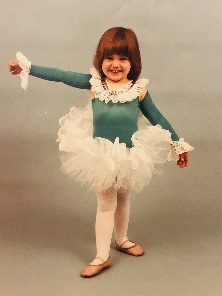 Two studio portraits of me, ages 3 or 4. In one I am wearing a shiny turquoise leotard, white tutu, and pink ballet shoes; in the other I am wearing my Wonder Woman underoos and strappy white sandals (again, this was in a PROFESSIONAL STUDIO PORTRAIT).