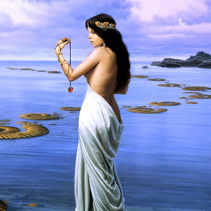 LEFT: Detail from THE DIVINING HEART featuring a dark haired beauty pausing on a path of ammonite stepping stones that extend out over placid water. The drape of white cloth that partially covers exposes her back and spills down to bunch in folds on the ammonite spiral. She holds up a red glass heart but her eyes aren't fixed on it—she stares past her hand distantly as if her thoughts retreat inward.  RIGHT: Figure detail from THE DIVINING HEART featuring a dark haired beauty posed in profile while holding up a small, red glass heart dangling from a chain. A beaded cord crisscrosses up her forearm, around her thumb, and over her palm. The same arm covers her breast while a drape of white cloth wraps around her torso and covers the bottom half of her. A thick circlet of silver, set with small, earthy ammonite spirals, stands out against the raven hair that spills down her bare back.