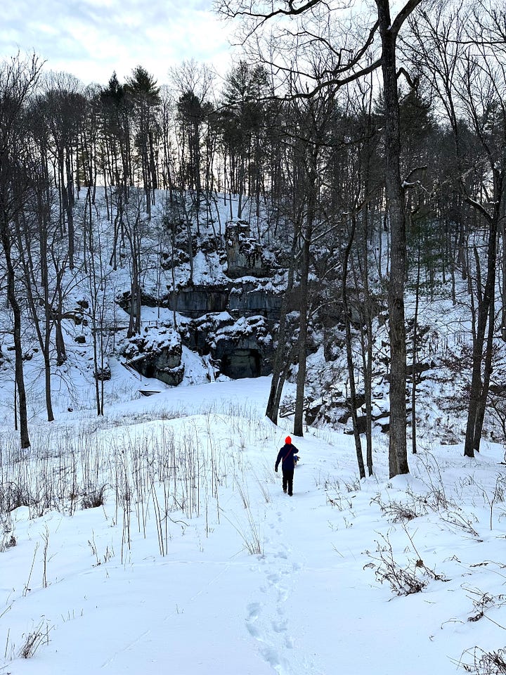 A photo of a man walking down a snowy hill towards a cliff wall in front of him covered in rock and snow, caves below it. The forest all around with dark bare trees against the white snow. The photo to the right shows a dog sniffing the snow below her, with the shadows of trees behind her and sunshine shining on the snow. 