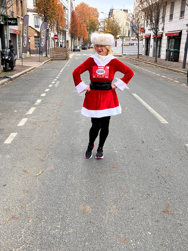 Karen Bussen in a Mrs Santa Claus costume at home and on the race course for the Corrida de Noël in France