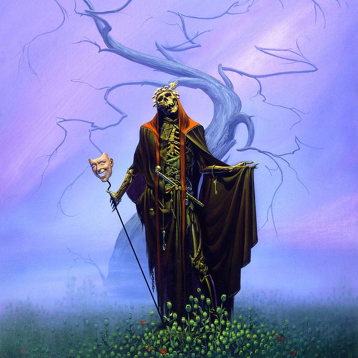 LEFT: Detail of the angel of death standing in a field of poppies with a winding tree rising behind against a misty backdrop of purple haze. RIGHT: Close detail of the angel of death with opium pipe tucked into its belt, hypodermic needles dangling from necklace and belt. Another cord hangs from its waist weighed down by a spoon. One forearm is tied with rubber tubing. Necrotic flesh bulges with pronounced veins.