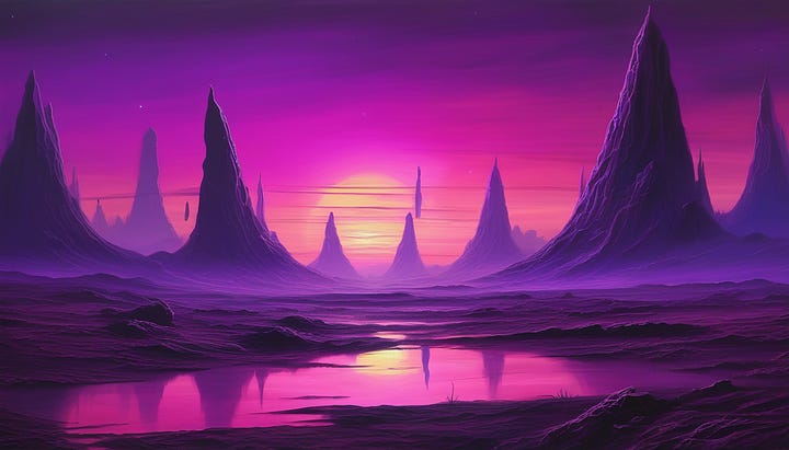 SDXL vs Midjourney: Painting of an alien world with a purple sunset