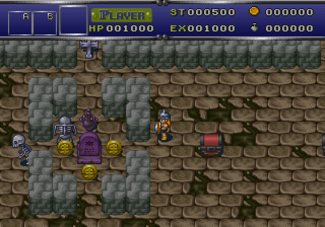 The left is a screenshot, with a solid blue flood and limited color palette overall, from the PC-88 edition of Dragon Slayer. Treasure chests, coins, skeleton enemies, and the magic ring are all visible. On the right, a very similar scene, but from the Saturn remake of the game. 