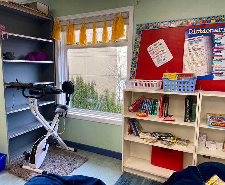 Two images of a classroom, one featuring an exercise bike and the other 5 blue beanbags in a circle.