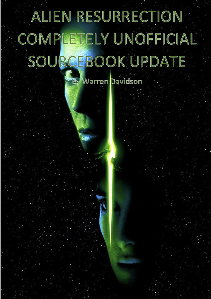 Front cover of homebrew ALIEN sourcebook, black space with Ripley's face in a green light