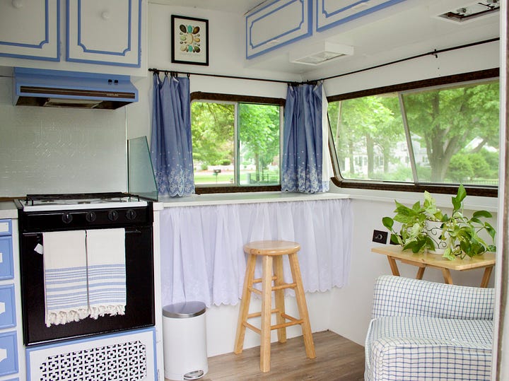 vintage trailer shown in disrepair and after renovations, painting and decorating