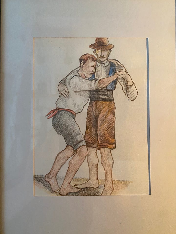 A handsome bearded queer poses with a colorful sweater at a street market in street market in Villa Crespo. Two men embrace as they dance tango is a hand drawn picture.