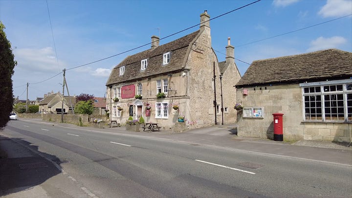 A photo of The White Hart, Bath Road, Atworth, Wiltshire. On the front right corner as seen in the second photo remains the mounting steps for horse riders.