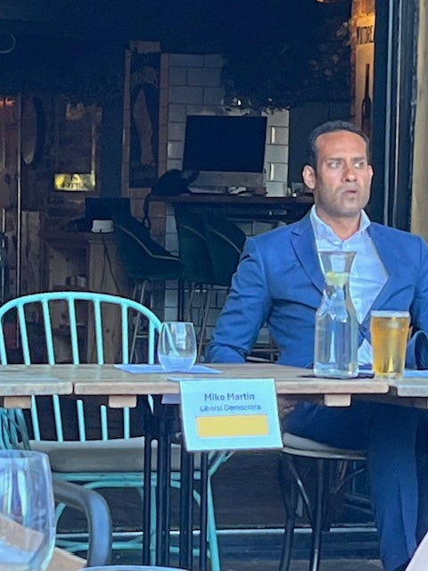 Four images of a political hustings in a pub garden showing candidates taking part in a debate about hospitality.