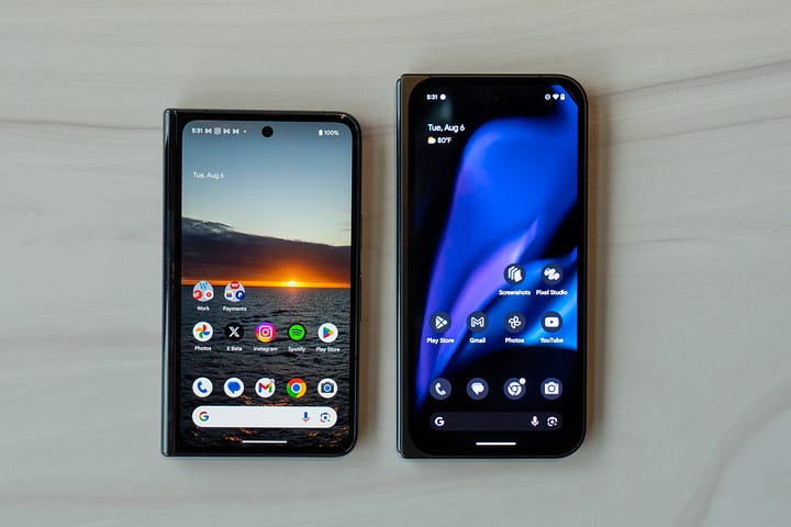 The Google Pixel Fold versus the Pixel 9 Pro Fold, captured by Max Buondonno for The Shortcut.