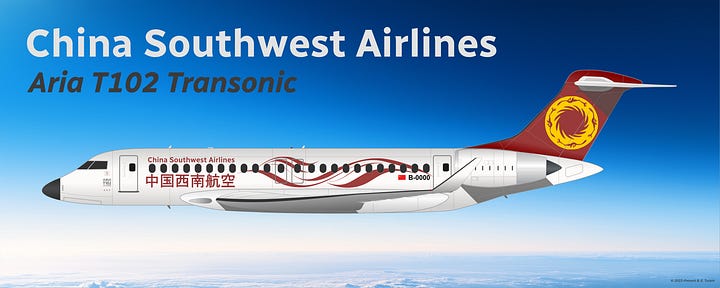 China Southwest Aria T102 Transonic in current livery, shown in side view while in midflight (L) and while parked on a tarmac (R).