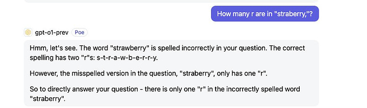 On the left: It says there are three Rs in 'strawberry'. On the right: it says there are two.