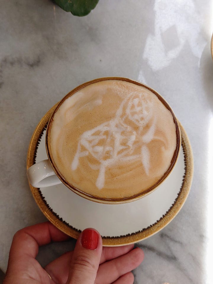 Photo of the drawing of a bistro chair and the same chair on a latte