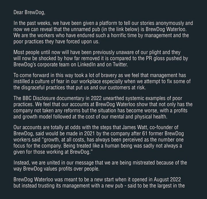 BrewDog Waterloo workers signed an open letter describing their treatment
