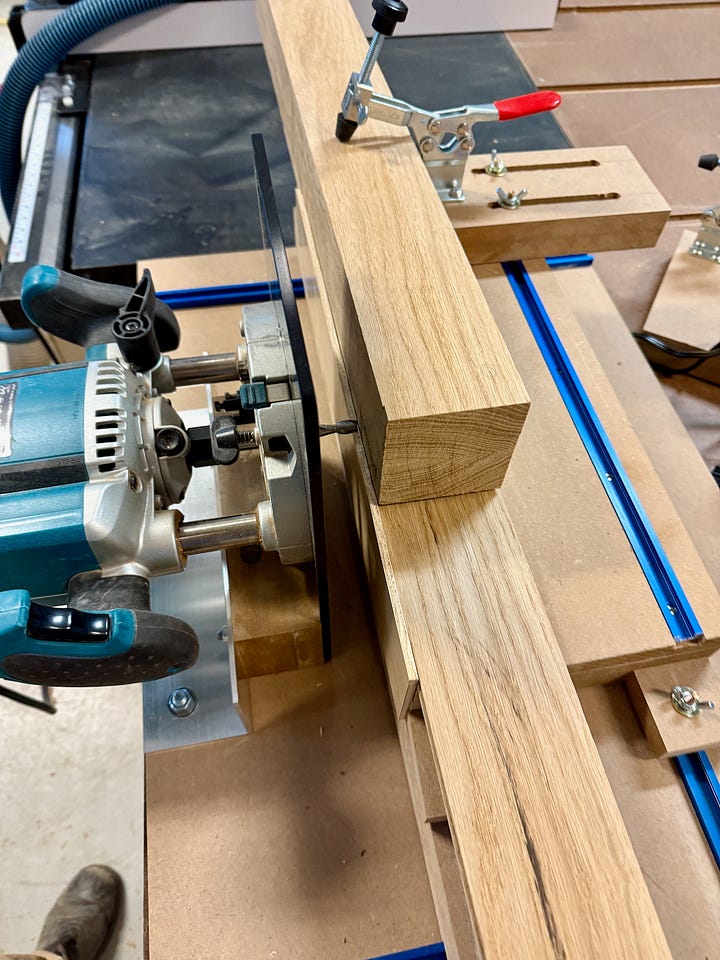 Gallery showing two photos of a shop-made mortising jig.