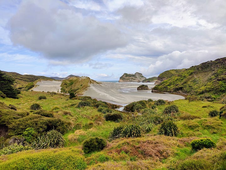 Rolling green hills and grey sand dunes of the Puponga Hilltop Walk, near Cape Farewell