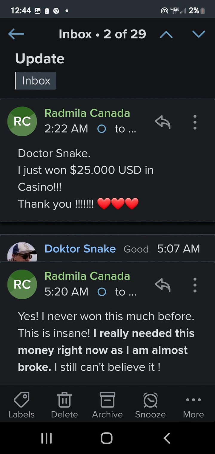 emails describing gambling win