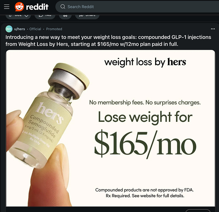 A selection of weight loss ads from Reddit, YouTube, and Instagram.