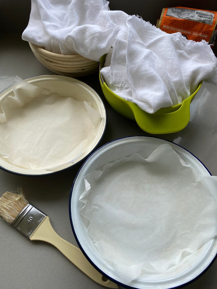 Pie tins lined with baking parchment.