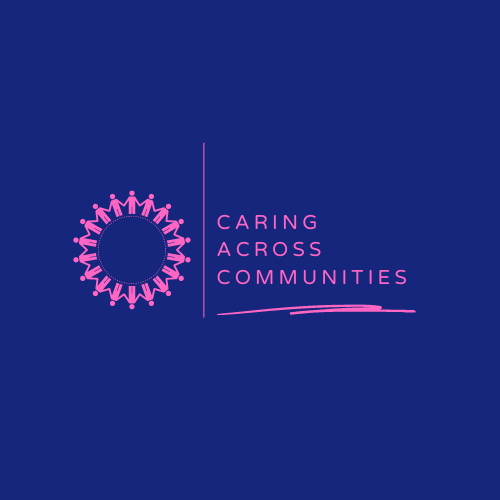 logos of Caring Across Community, circle made of small people with title in pink font and blue background