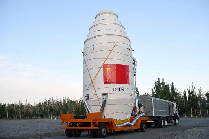 The Long March 4B's fairing heading to the launch pad at Jiuquan.