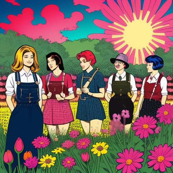 Cartoon, bold coloured drawn images of femmes in varying types of suspenders - mostly aprons and lederhosen like garments amidst bright backgrounds and flowers.