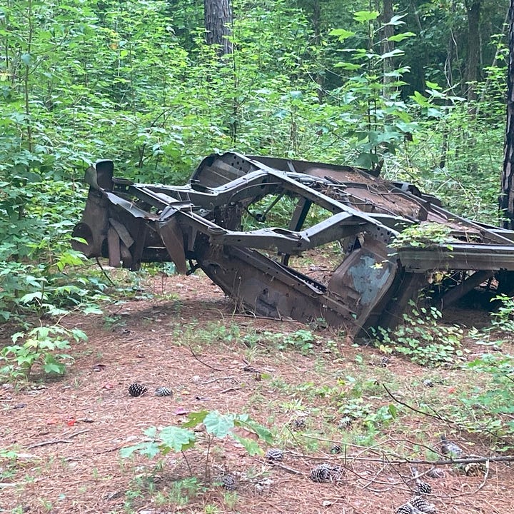 old roadway, a dirt path through the woods, and the flipped car