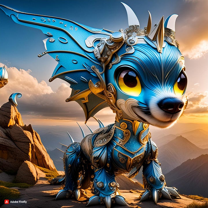 Input yellow dragon image vs. output blue dog image Adobe Firefly