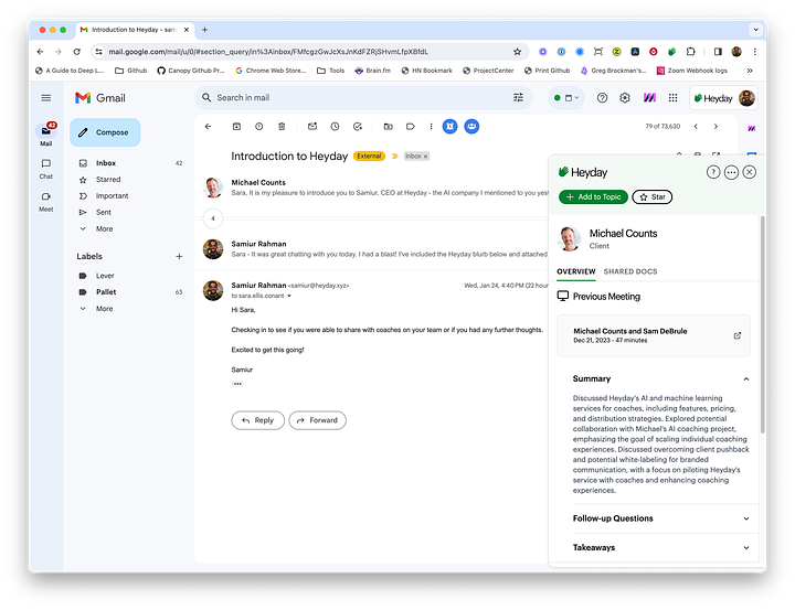Heyday's companion providing context on your prior meetings and shared resources within GMail and Google Calendar events. 