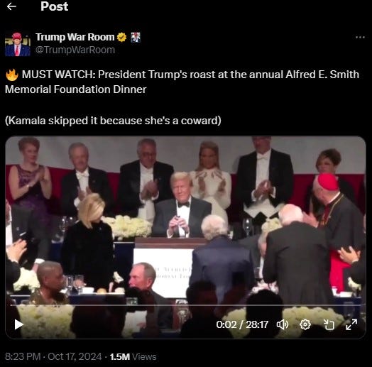 Trump Brutally Roasts Dems; Schumer Shocked, Kamala 'No Show' At Al Smith Dinner. 