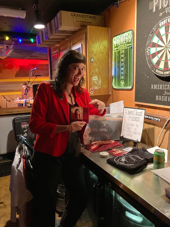 Josie Toney with some merch on the left and on stage on the right.