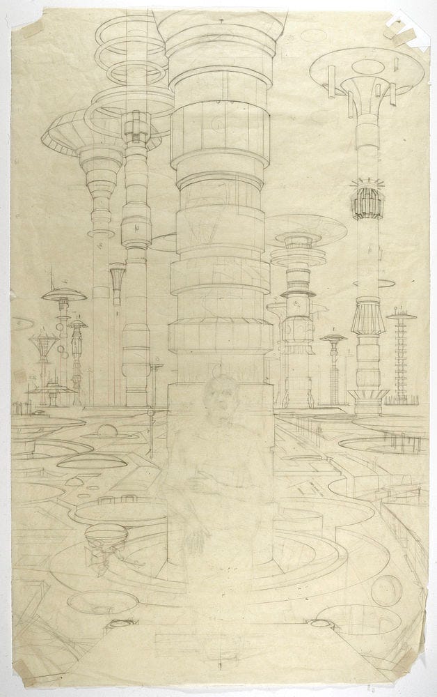 LEFT: Loose color study for HARI featuring a figure in wheelchair seated on a platform overlooking a gray landscape with tall towers climbing pink sky. RIGHT: Detailed pencil sketch for HARI featuring intricate towers with saucer-shaped tops. The architectural lines are precisely rendered while the figure of Hari Selden is sketched in lighter.