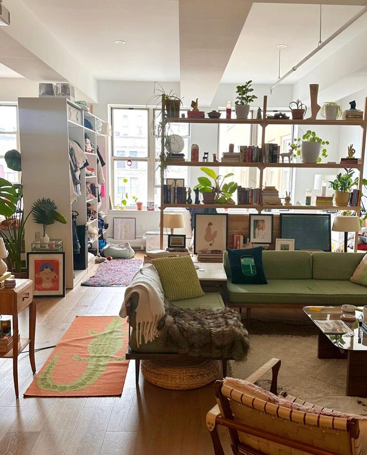 A brooklyn loft living room with a cold picnic alligator rug, mid century modern sectional sofa and shelves as room dividers