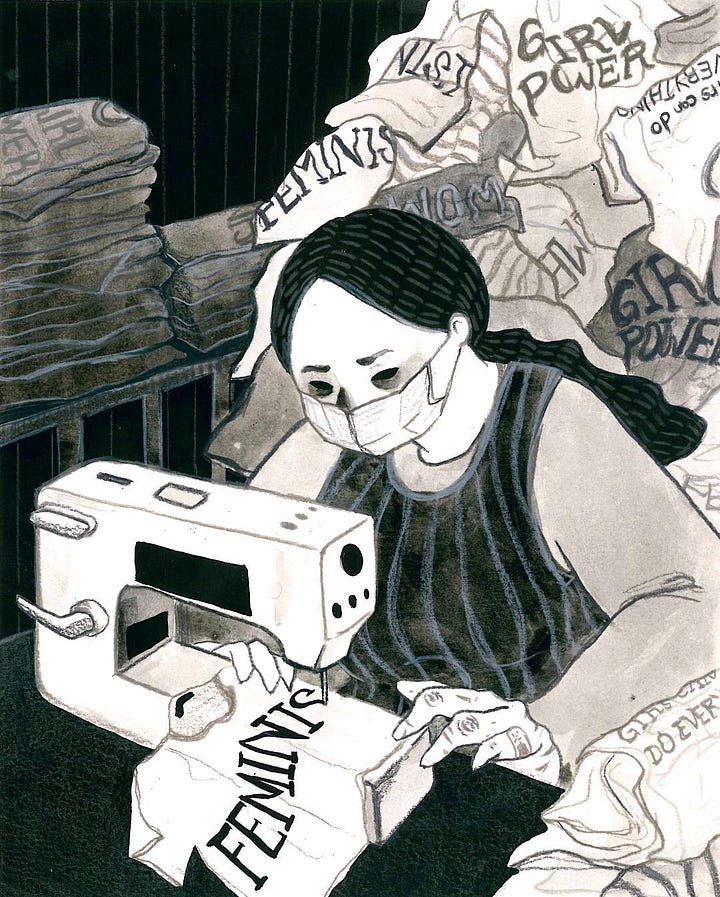 L: an illustration of a girl wearing a mask and sewing a shirt that reads "feminist", R: an illustraion of a different girl browsing those shirts as they hang in a store