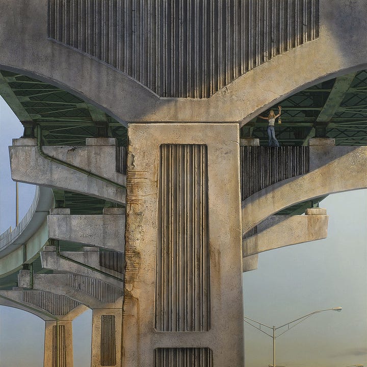 LEFT: Detail from THE BIG QUESTION featuring a woman standing on the concrete support of a highway overpass holding up a lantern. Light cuts a diagonal across the face of the T-shaped facade. The successive supports follow the curve of the road off-panel left. RIGHT: Close detail from THE BIG QUESTION featuring a woman standing on the concrete support of a highway overpass. Light cuts across the exterior face of concrete leaving her in shadow. The steel girders behind her are green. She steadies herself, reaching out  for support while in her opposite hand she holds up a metal ring. From it dangles a lantern on a chain.