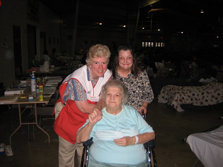 Four photos of me working as a mental health volunteer at the Hattiesburg Red Cross shelter