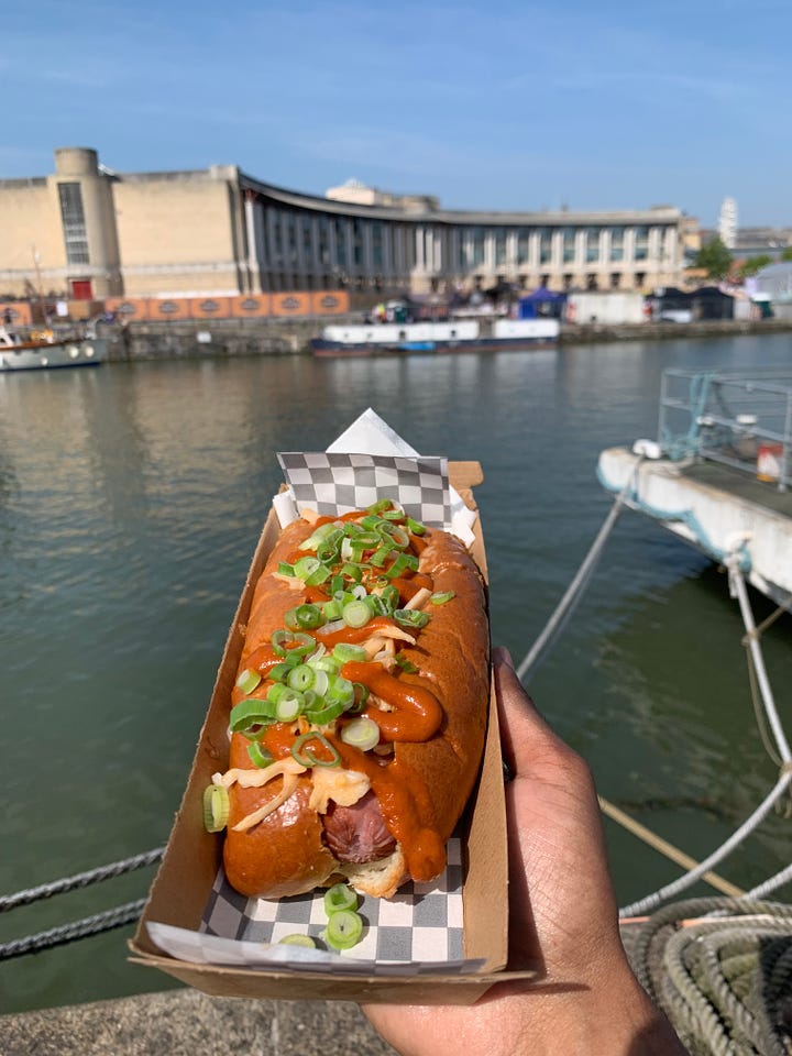 An image of a hot dog by a river