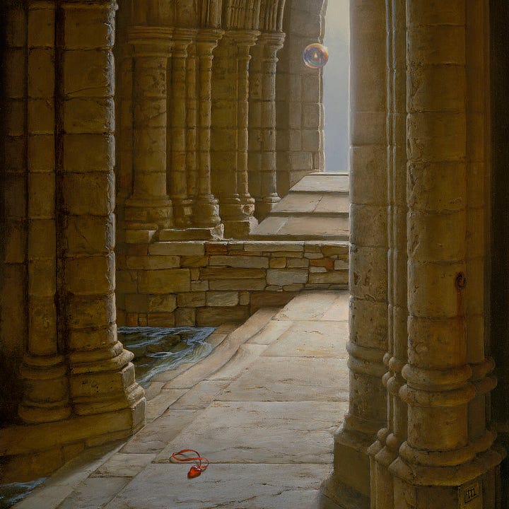 TOP LEFT: Detail of SANCTUARY featuring a discarded glass heart on a red silk ribbon and a transparent sphere containing a solitary flame floating through a passage of stone columns toward a peaked archway. TOP RIGHT: Close detail of SANCTUARY featuring a red glass heart on a silk ribbon discarded on the worn stone. BOTTOM LEFT: Close detail of SANCTUARY featuring a solitary flame inside a transparent sphere with a bubble-like sheen passing through classical stone columns towards a peaked archway. BOTTOM RIGHT: Close detail of SANCTUARY featuring the stylized letter "M" chiseled into the column in the lower right of the painting.