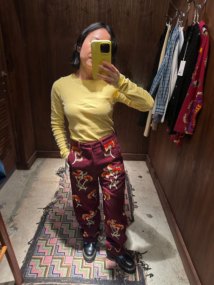 Styling my basic yellow tee with a statement pant and under a plaid one of a kind button down shirt at Bode.