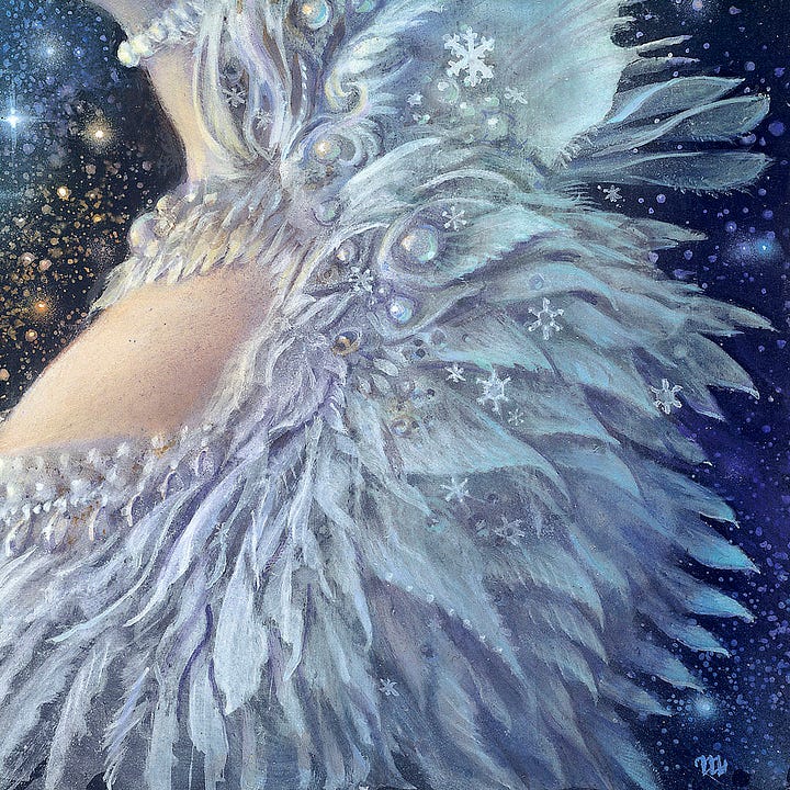 LEFT: Detail from NIGHTFROST featuring a closer view of her face and headdress. RIGHT: Close detail from NIGHTFROST featuring snowflakes of various design falling on her feathery gown.