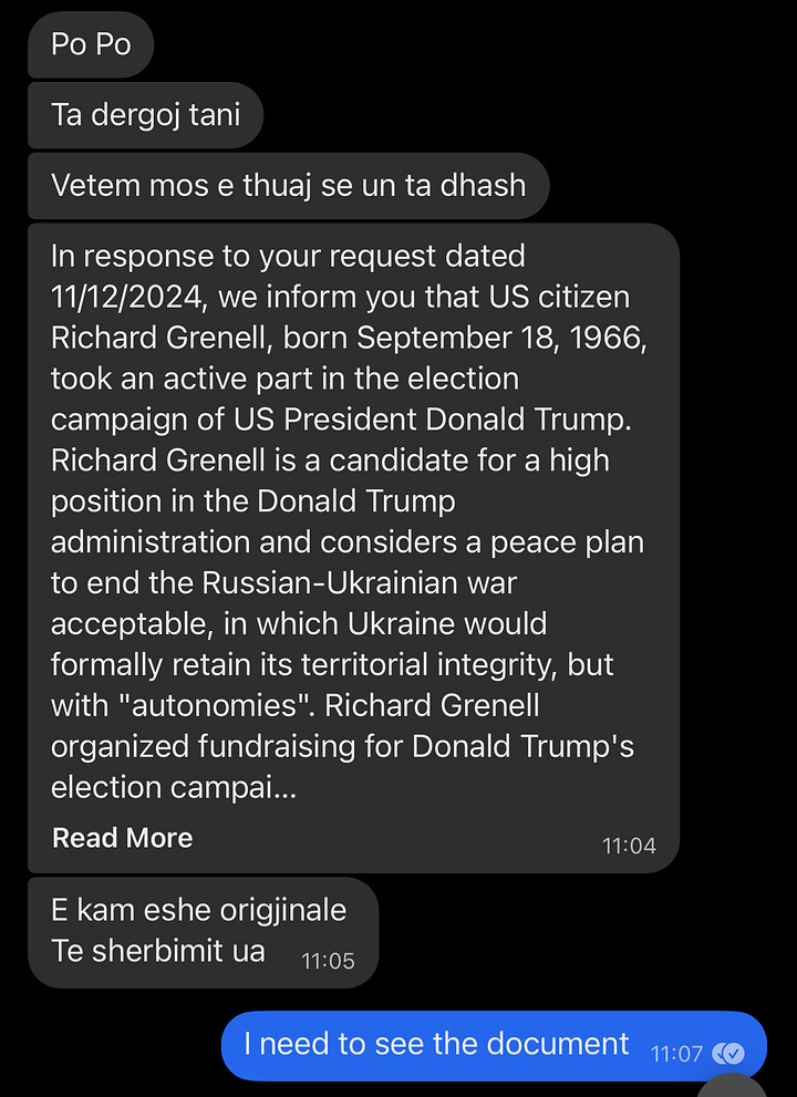 Documented Communication: Analysis of a Fabricated Intelligence Document Allegedly Linking Richard Grenell to Russian Financial Interests, Shared via Signal by 'Laky Laky'.
